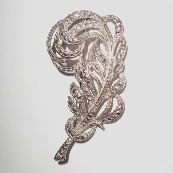 Sterling Silver 925 Marcasite Curled Quill Feather Plume Pin Brooch